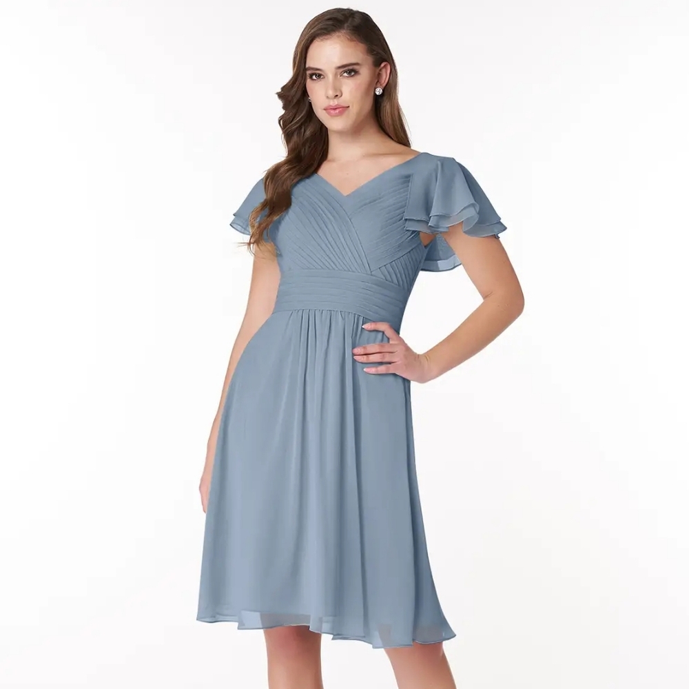 NWT Azazie Hadley Dusty Blue A-Line Pleated Chiffon Knee Length Dress Size A6